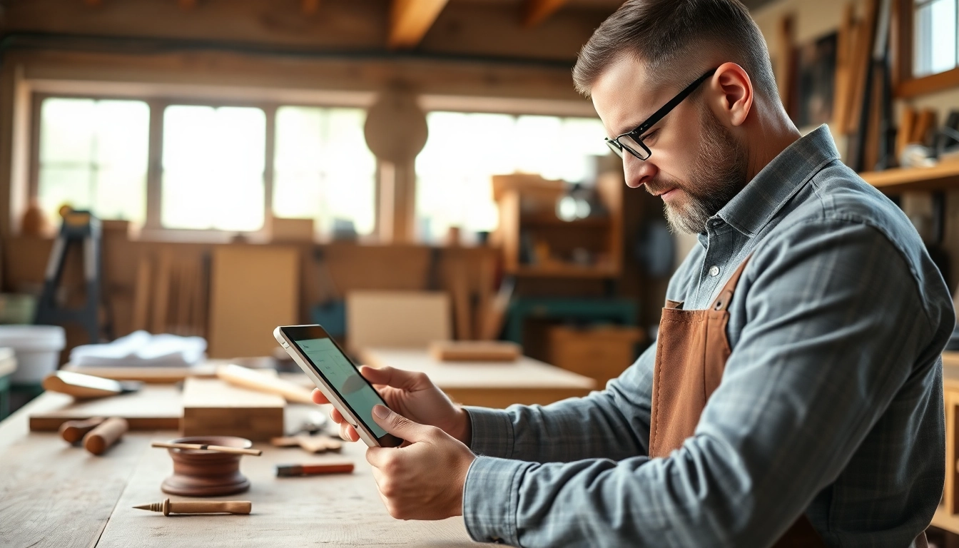 Ein Handwerker optimiert seine SEO für Handwerker in einer modernen Werkstatt mit Tools.
