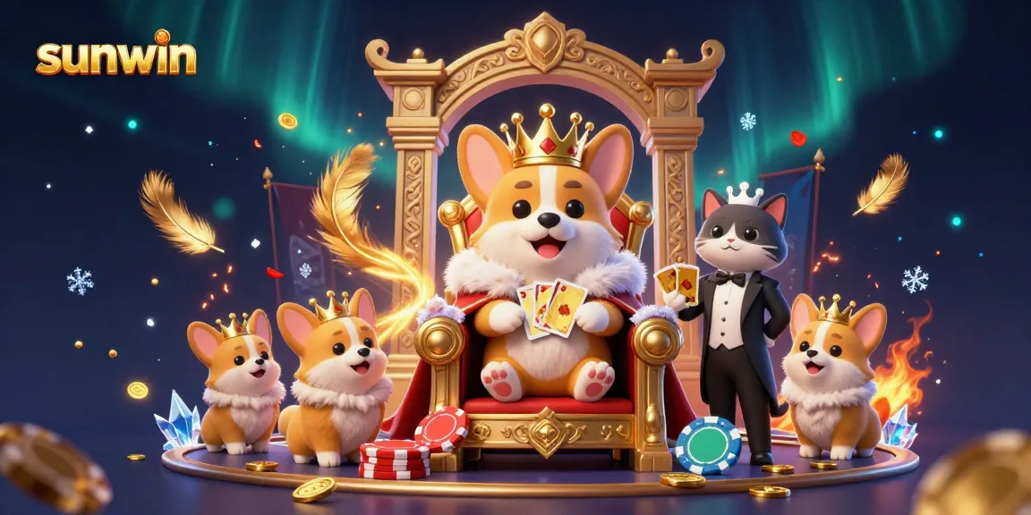 sunwin offers an electrifying gaming experience with a royal corgi and a cat butler in a vibrant casino scene.