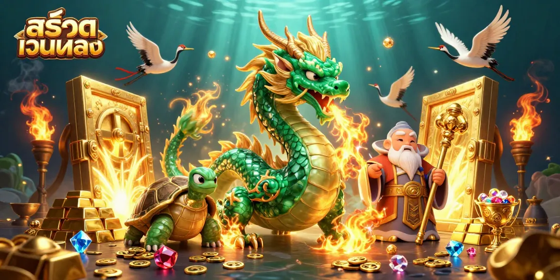 Spin winnings at สล็อตเว็บตรง with a dragon, turtle sage, and lucky cranes in a vibrant treasure scene.