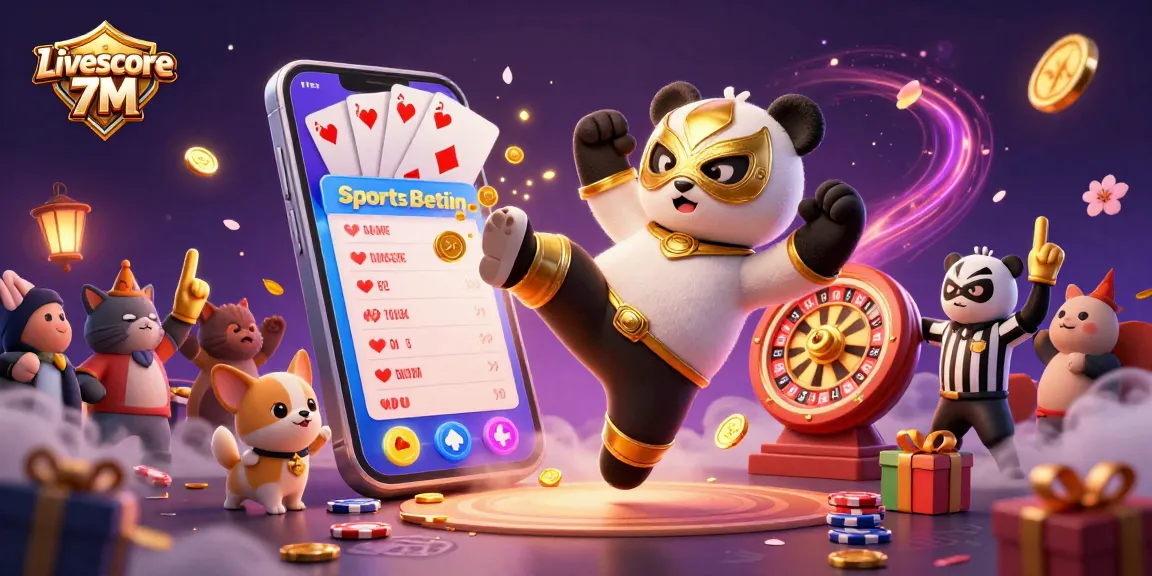 Engaging scene with Livescore 7M showcasing vibrant sports betting elements, a dynamic wrestling panda, and cheering spectators.