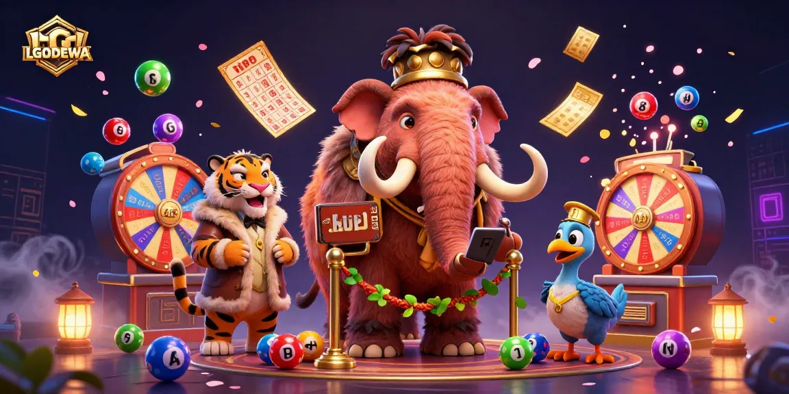 Win big with LGODEWA at a vibrant casino scene full of colorful elements and engaging characters.