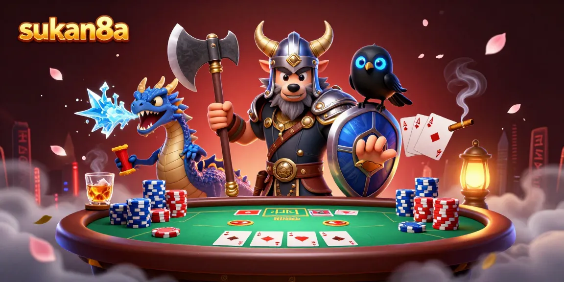 Sukan8a displays dynamic poker action with Viking warrior, dragon, and raven in an engaging casino scene.