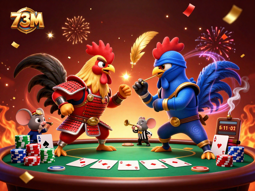 Os galo de briga 3D da 73M em uma intensa batalha no cassino, cercados por fichas e cartas.