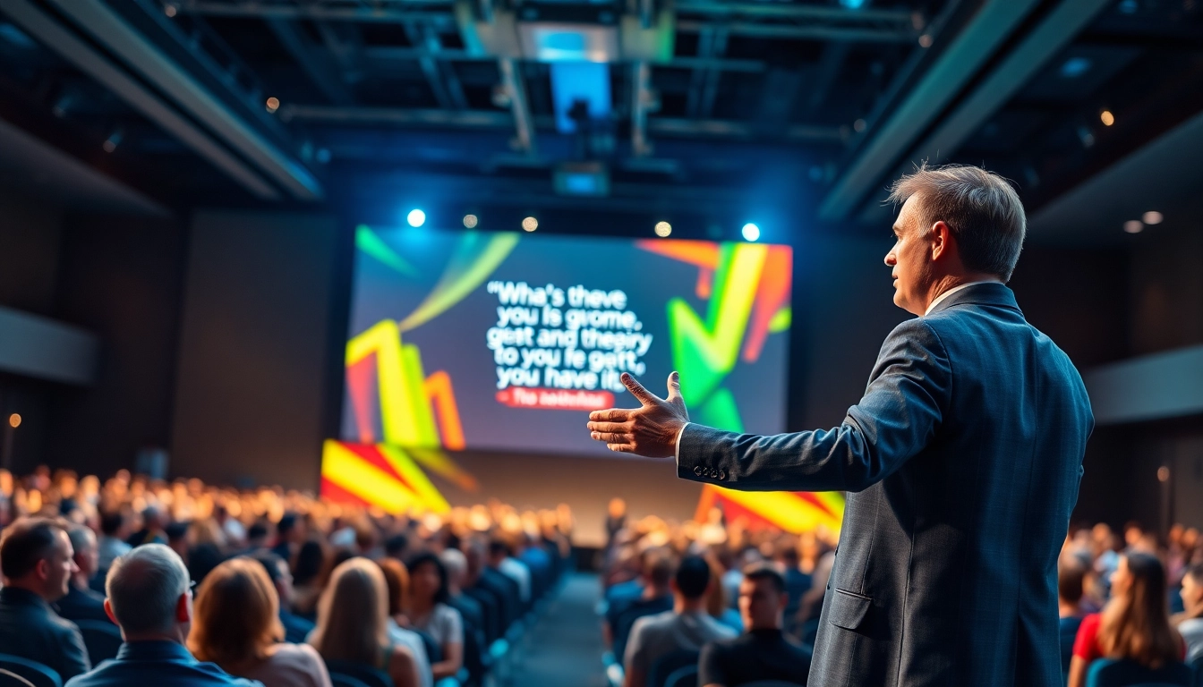 Motivational Speaker engaging an audience with dynamic expressions and inspiring visuals.