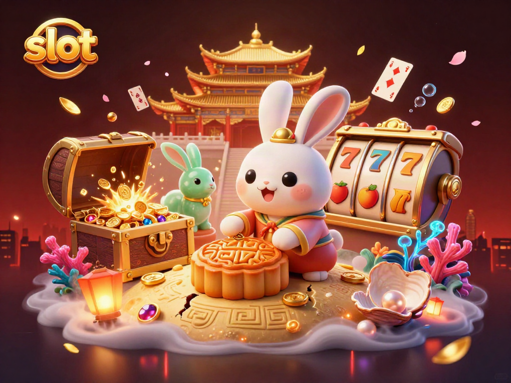 Engage with vibrant slot visuals featuring a moon rabbit and slot symbols in an enchanting casino scene.