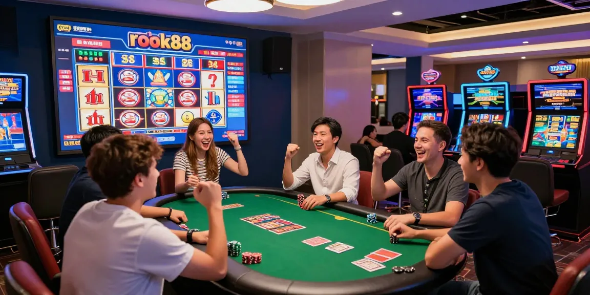 Experience the excitement of rokok88 slot in a vibrant gaming lounge with players celebrating wins.