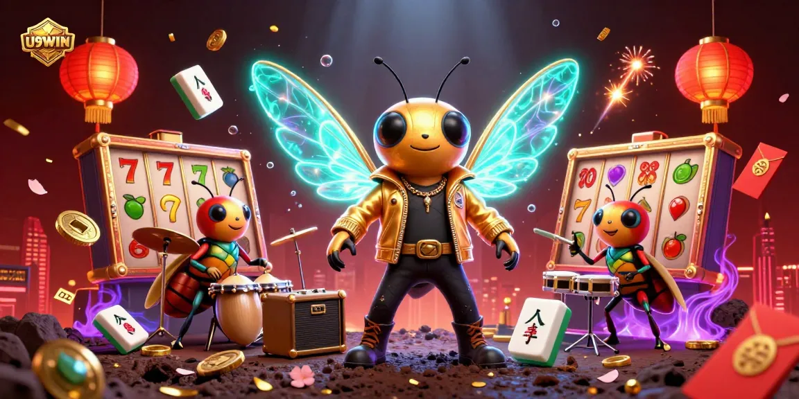 Exciting U9WIN casino scene showcasing a cicada rock star and beetle drummer amidst vibrant slot machine elements.
