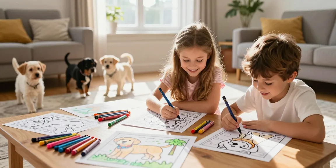 Children enjoying educational coloring of Labrador Retrievers in a bright home.