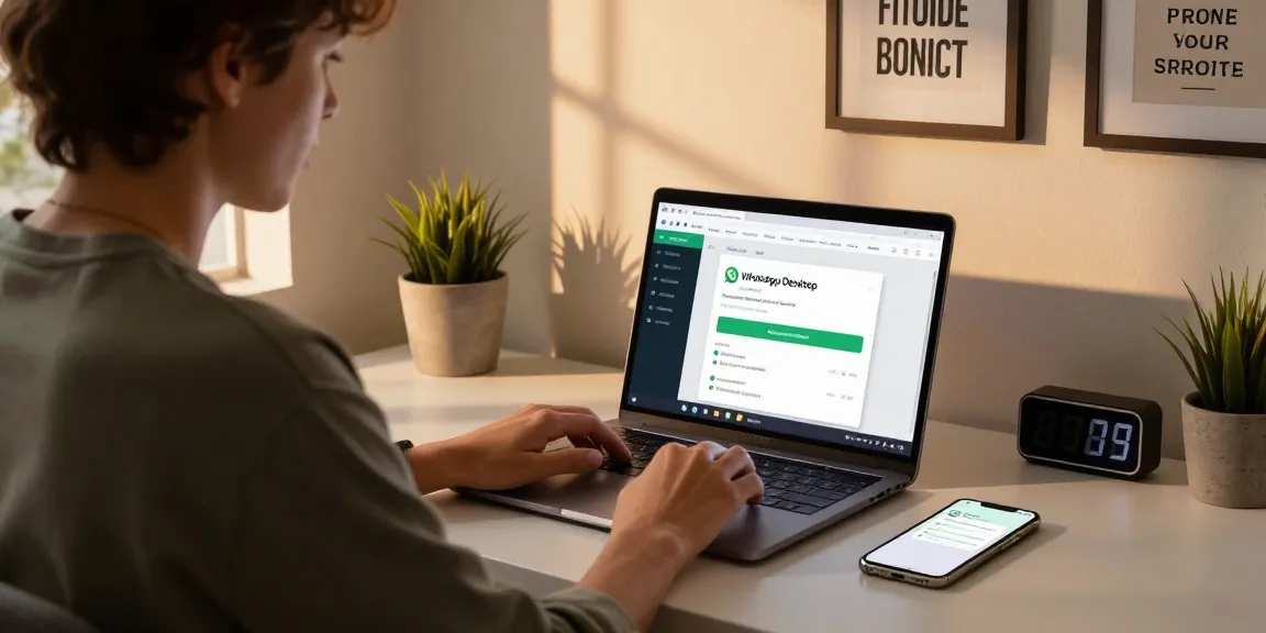 Using WhatsApp電腦版 on a stylish home office desk with laptop and smartphone notifications.