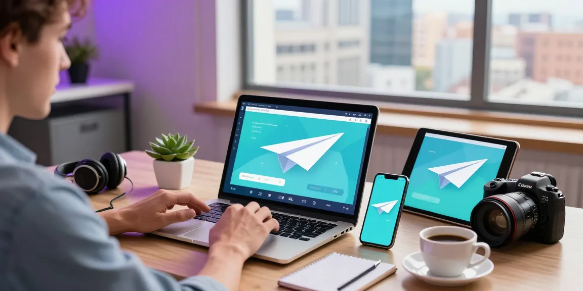 Interactive workspace featuring paper plane application on multiple devices, emphasizing productivity and communication.