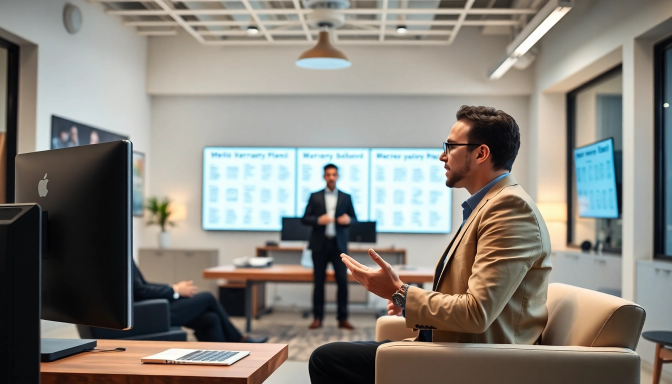 Agent presenting warranty options at a digital first warranty company office, fostering trust and professionalism.