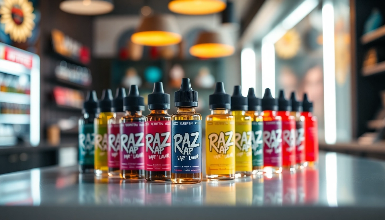 Showcasing Raz Vape Flavors in colorful e-liquid bottles arranged stylishly on a sleek table.