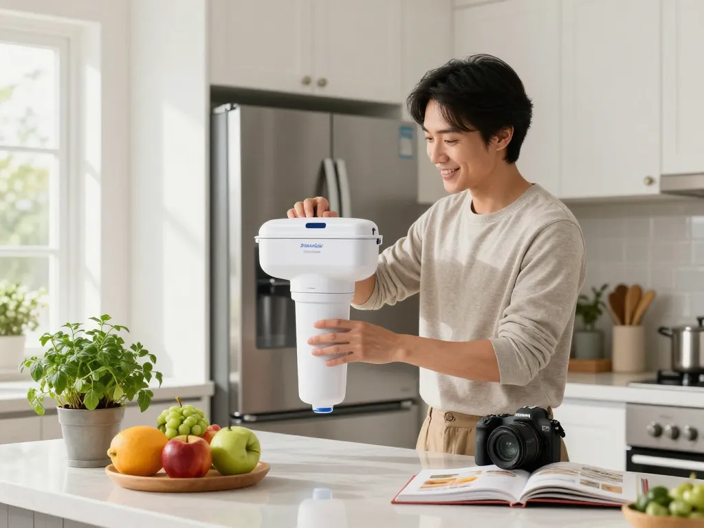 Installing the Filterlogic DA97-17376B Replacement for Samsung® HAF-QIN water filter in a bright kitchen.