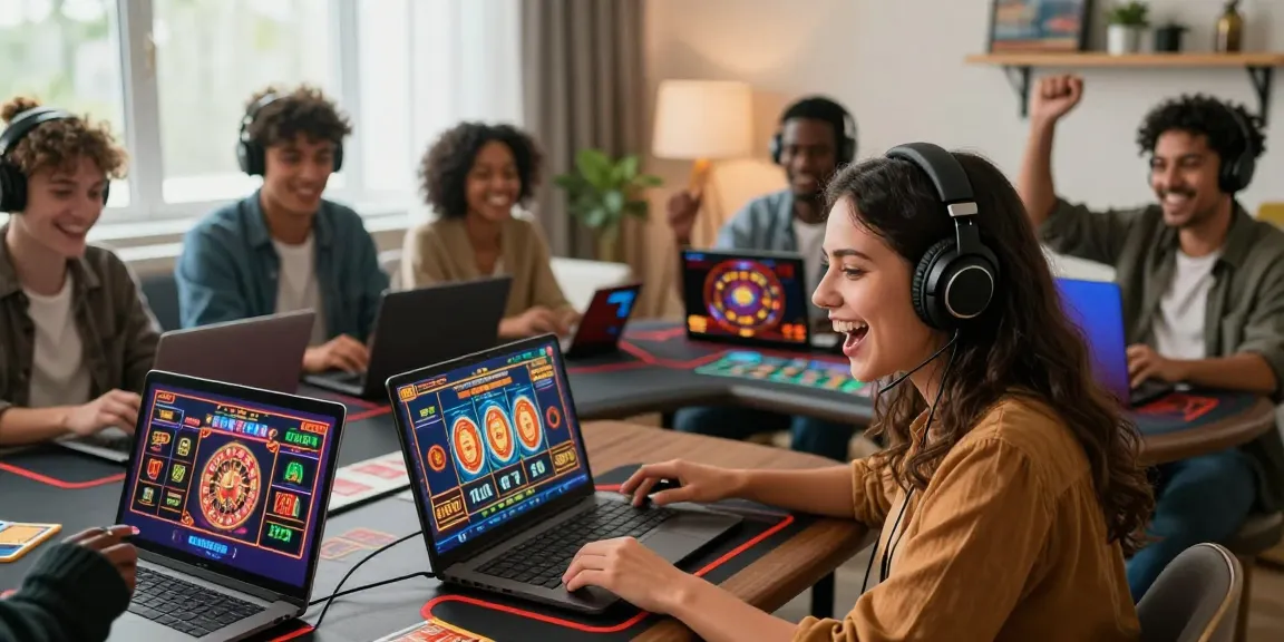 Scène de jeu en ligne passionnante avec des joueurs profitant de casino en ligne français avec des ordinateurs portables et une ambiance animée.