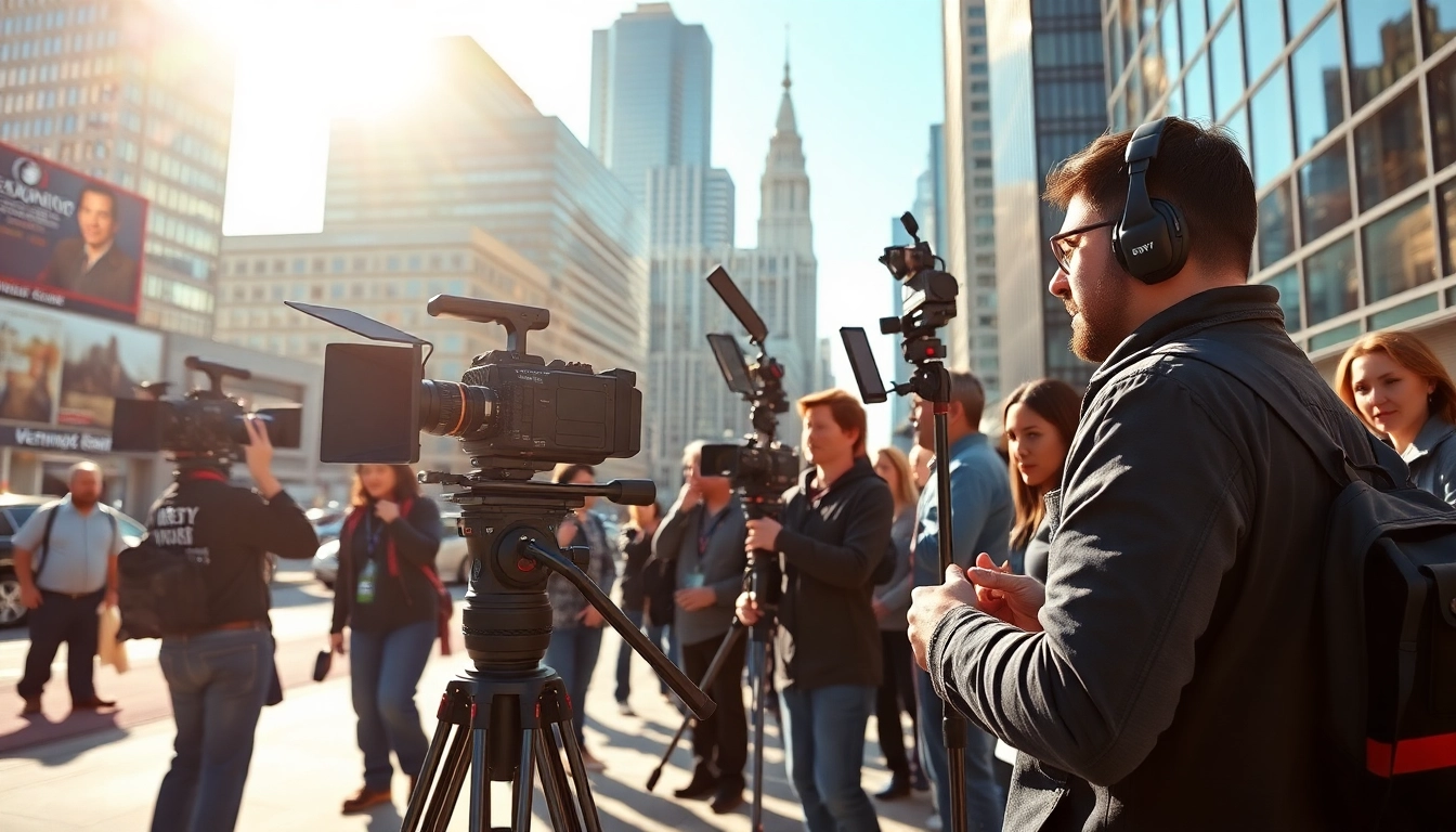 Showcase of video production edmonton with a crew filming in the cityscape