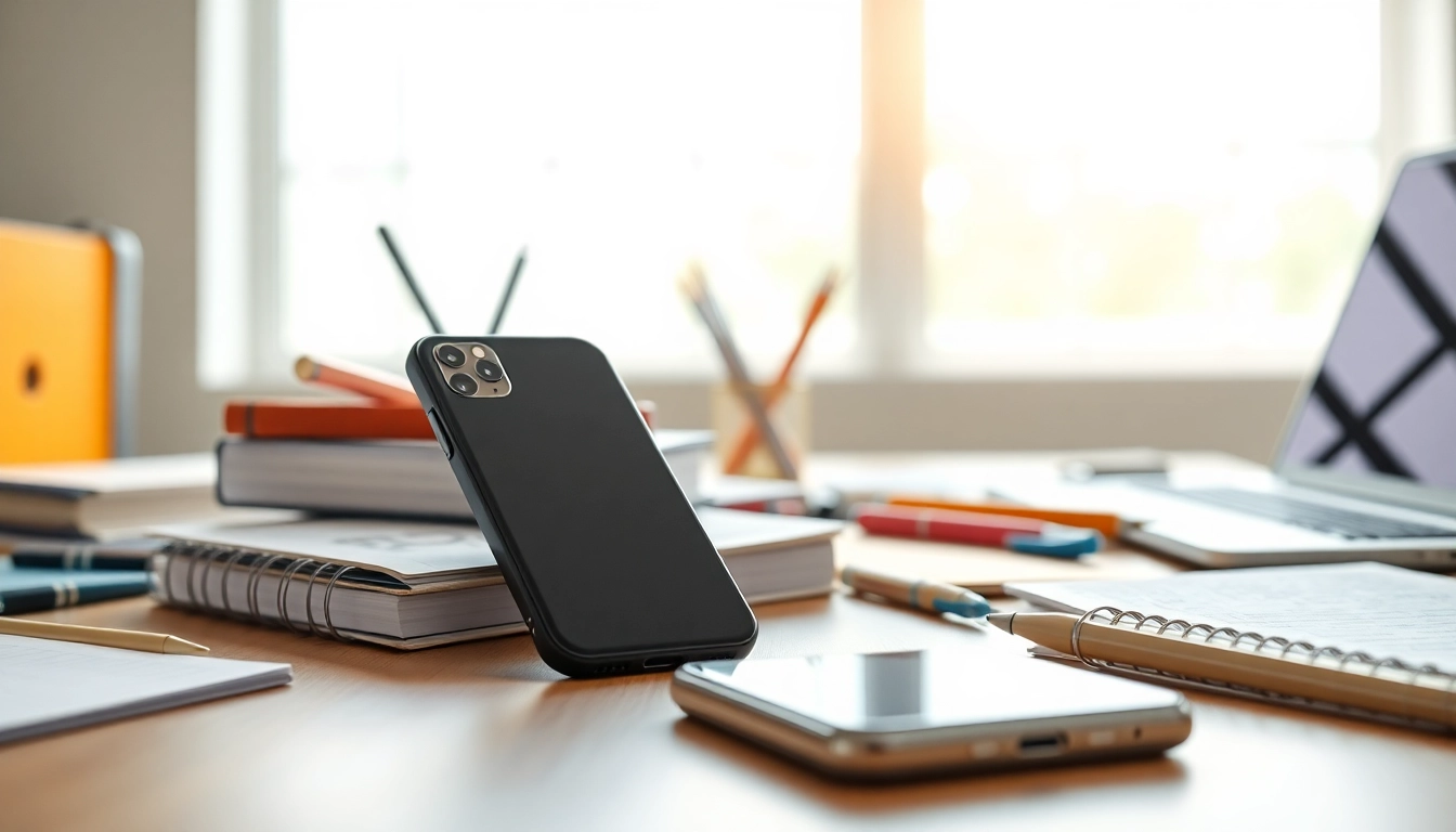 Handytasche Lehrer auf einem Schreibtisch mit Schulmaterialien, die Qualität betont.
