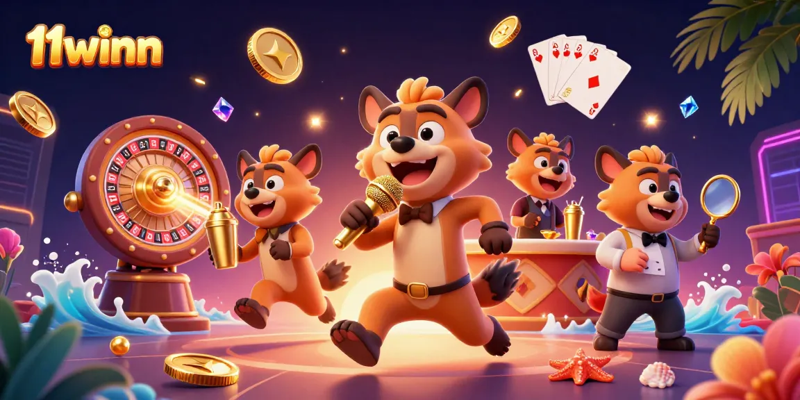 Experience the excitement of 11winn with playful hyenas in a vibrant 3D casino scene.