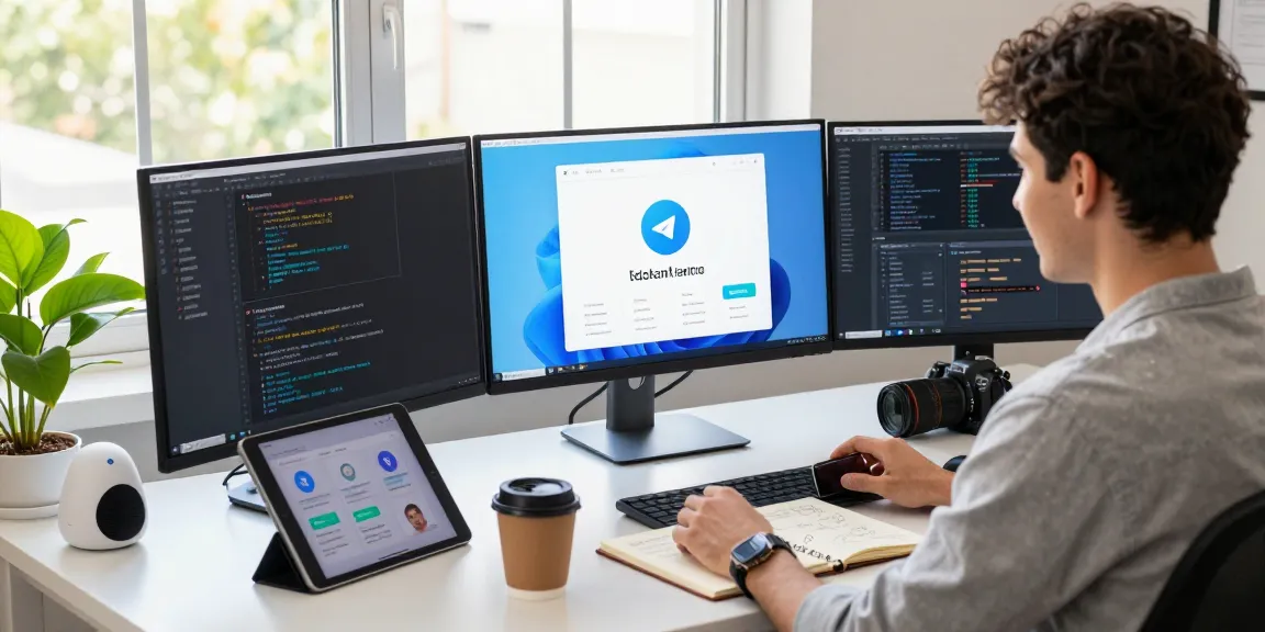 Dynamic workspace showing Telegram中文 app usage on multiple screens in a cozy tech environment.