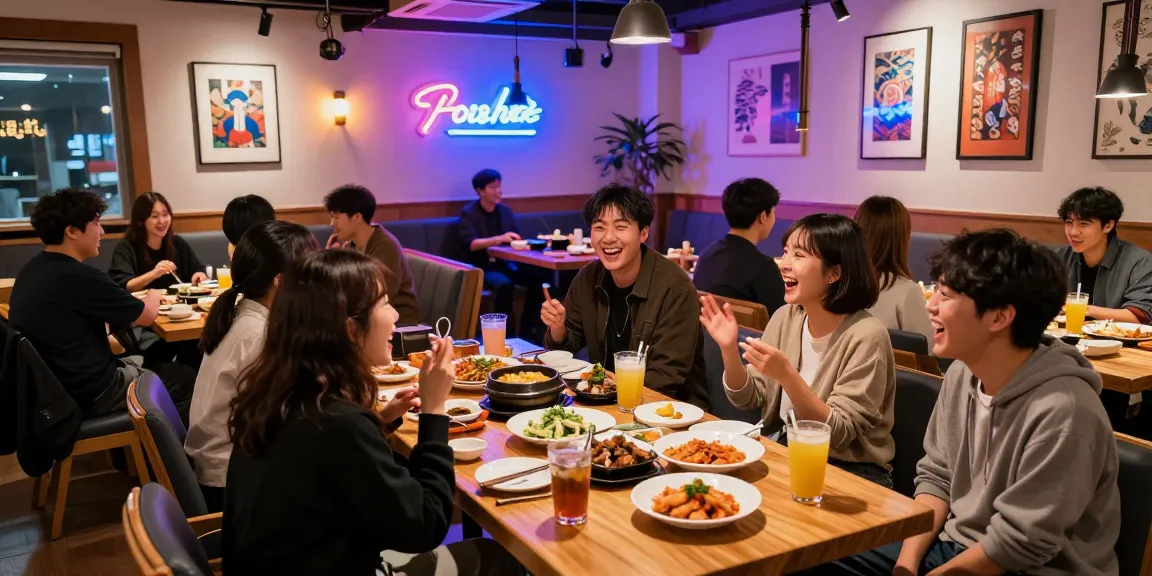 Engaging nightlife at 상봉동 한국관나이트 with friends enjoying Korean cuisine and festive atmosphere