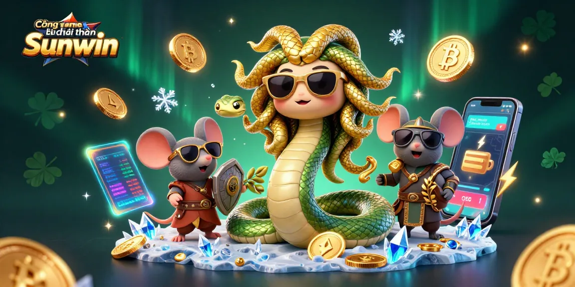 Cổng game bài đổi thưởng Sunwin features 3D cartoon characters with crypto coins, engaged in an exciting gambling scene.