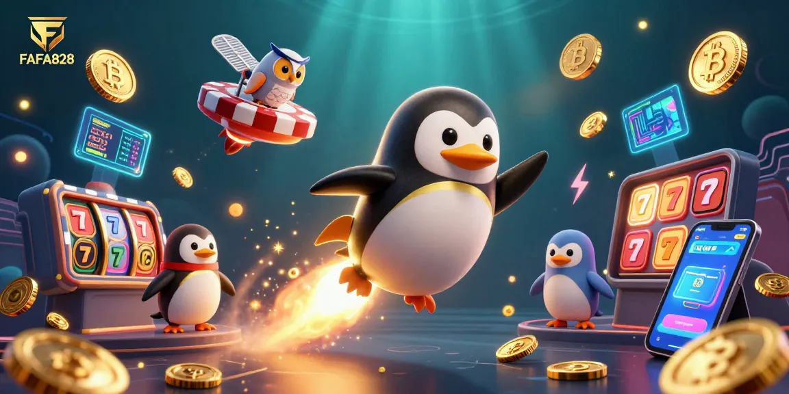 Experience FAFA828 excitement with a golden penguin and rich casino elements in this dynamic scene.