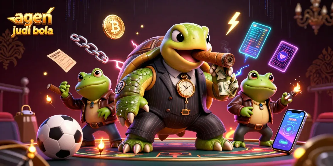 Bet on agen judi bola with a massive snapping turtle and bullfrogs in a vibrant casino scene.