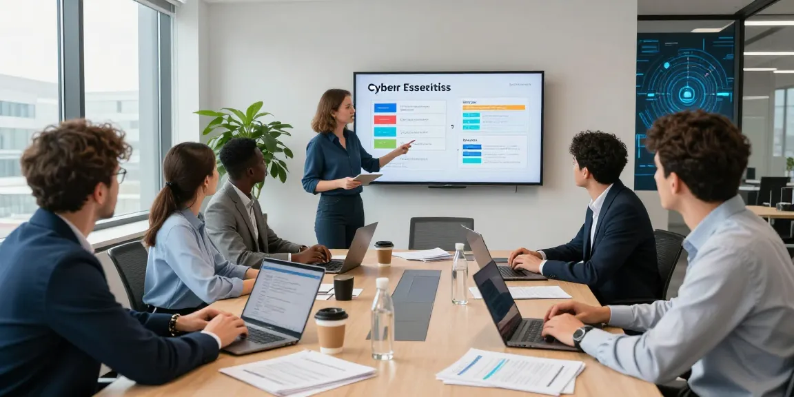 Team strategizing how to get cyber essentials certified in a modern office.