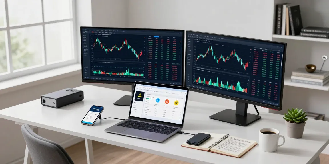 Cloud mining provider showcased in a professional cryptocurrency trading setup with multiple screens displaying live market data.