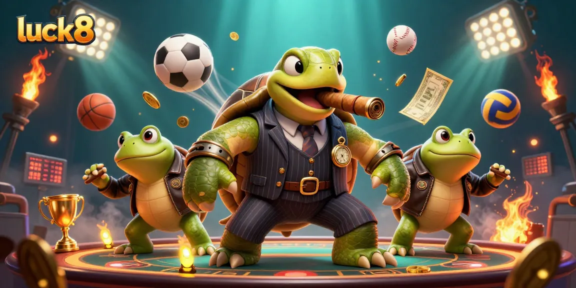 Engage in thrilling gameplay with luck8 featuring a turtle mobster and bullfrogs amidst casino excitement.