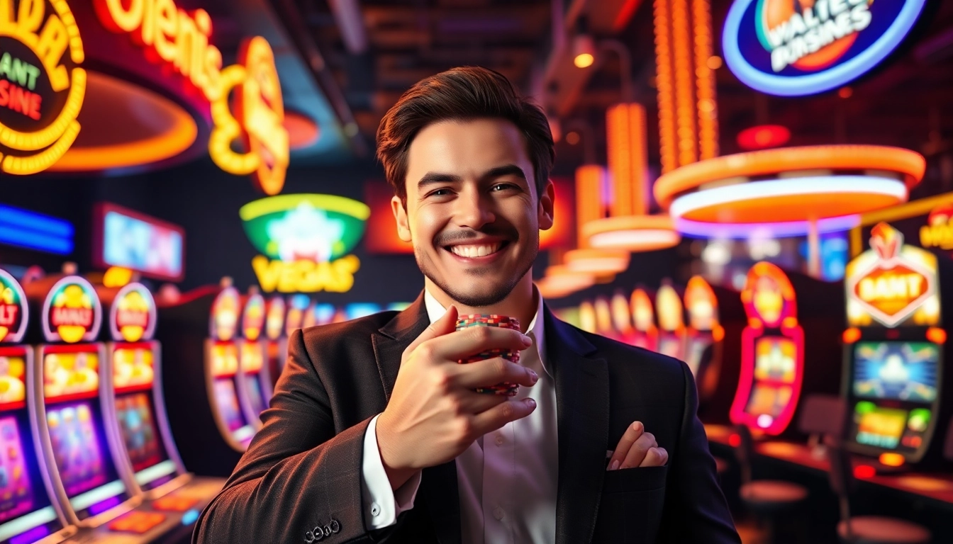 Vegas hero celebrating a win in a lively casino atmosphere with bright lights.