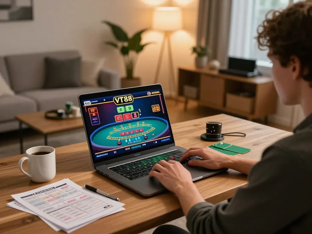 Player engaging in VT88 online casino gaming with live dealer interface at home desk