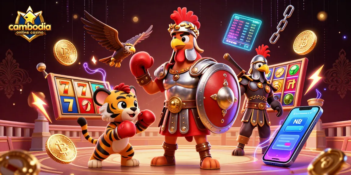 Cambodia online casino scene featuring a gladiator rooster, tiger cub, and eagle amidst vibrant slot game elements