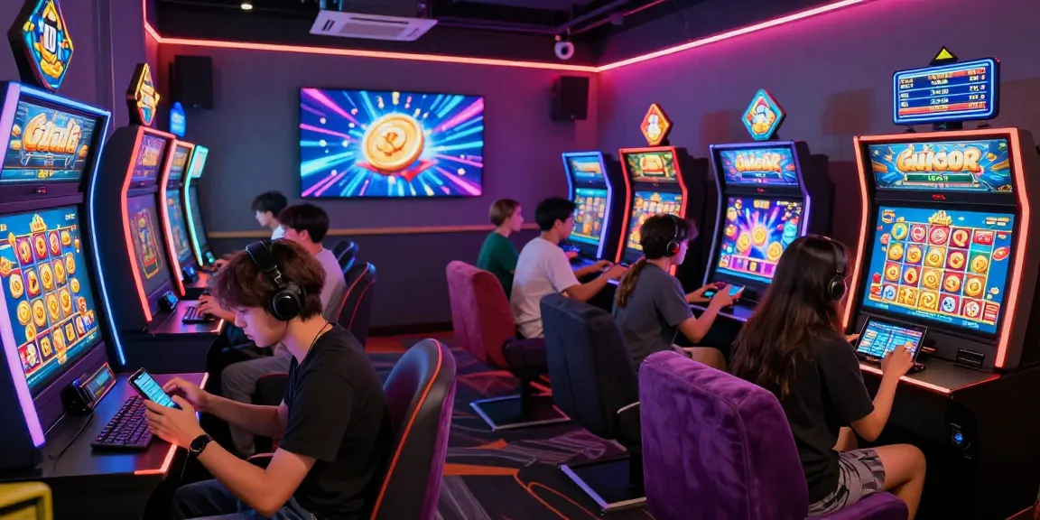 Exciting scene of players enjoying slot gacor games in a modern digital gaming lounge.