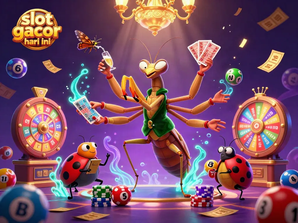 Gambaran slot gacor hari ini dengan karakter kasino yang penuh warna dan elemen yang dinamis