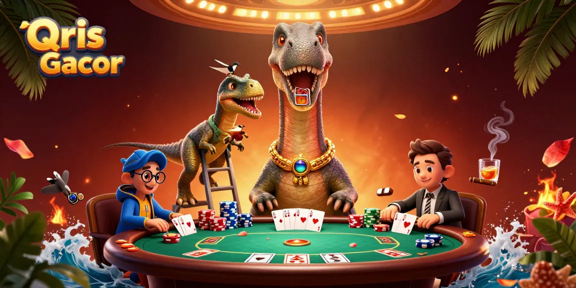 Experience Qris Gacor with tall brontosaurus and clever raptor in a vibrant casino scene.