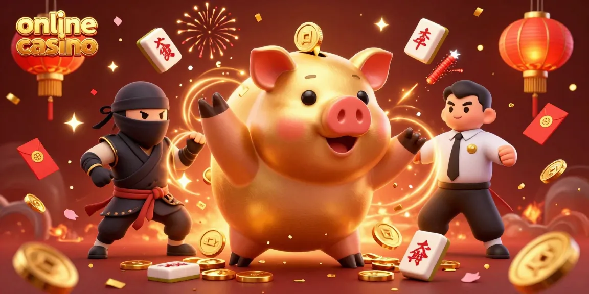 Engage in an online casino adventure with lively characters celebrating amidst gold coins, firework effects, and vibrant decorations.