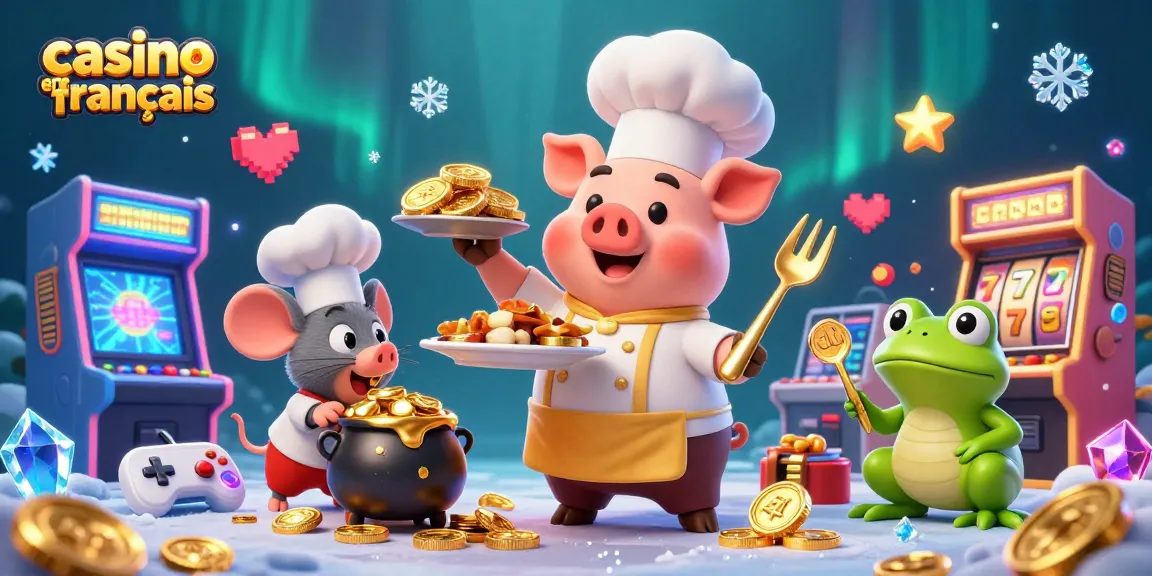 Scène engageante avec un cochon chef servant des pièces d'or dans un environnement de casino vibrant, casino en ligne français.