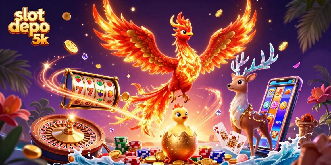 Engage in slot depo 5k action with soaring phoenixes and golden coins in a vibrant casino scene.