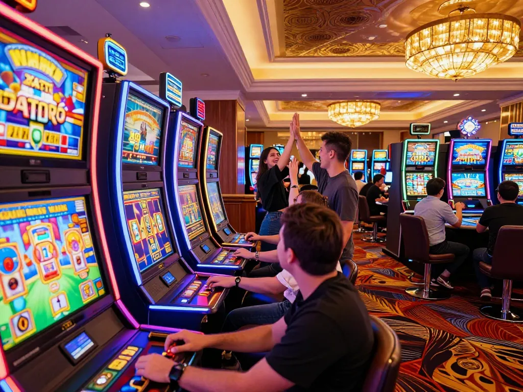 Players celebrating wins at situs slot machines in a vibrant modern casino atmosphere