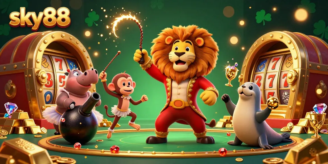 Engage in thrilling gameplay with sky88 and a dazzling circus of riches in a vibrant casino setup.