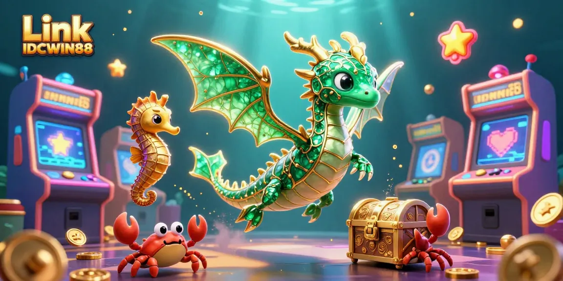 Experience thrilling adventures with Link IDCWIN88 as the emerald sea dragon leads the treasure hunt in this vibrant casino-themed scene.