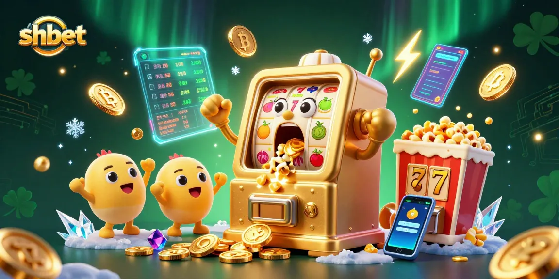 Spin the reels with SHBET's vibrant casino scene featuring slot machines and exciting gaming elements.