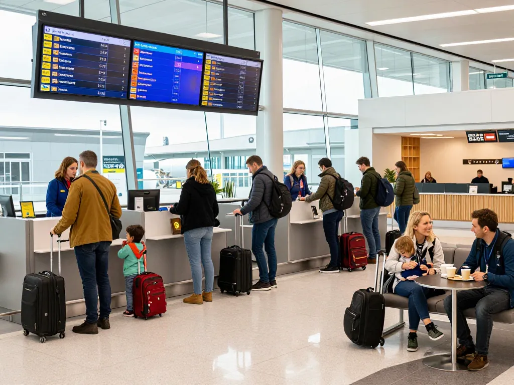 Leeds Bradford Airport from Halifax bustling terminal scene with travelers checking in.