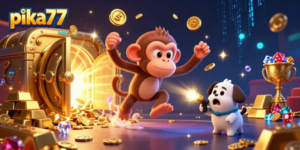 Pika77’s dynamic casino scene with an animated monkey juggling golden coins and a curious puppy exploring, showcasing vibrant slot action.