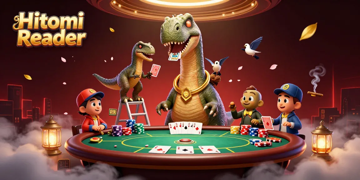 Hitomi Reader showcases a hilarious 3D scene of characters in a casino atmosphere with dynamic poker action.