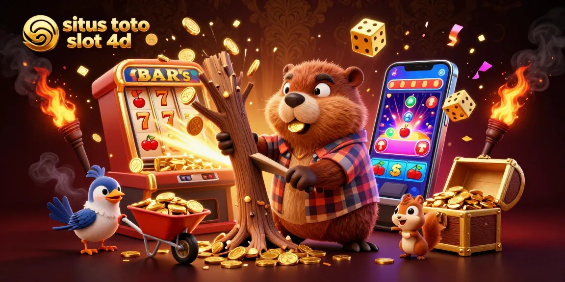 Engage with situs toto slot 4d visuals featuring a cartoon beaver, coins raining, and vibrant casino elements