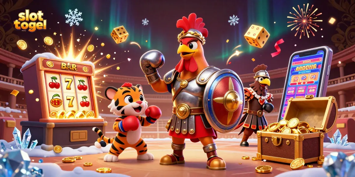 Win big with slot togel resmi as a joyful rooster leads the excitement in a colorful casino scene.
