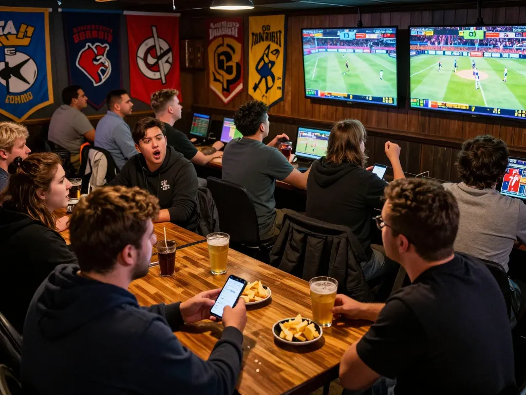 Engaged bettor using smartphone for sports betting at keonhacai 5 during live game.