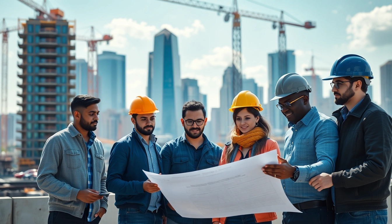 New York General Contractor overseeing a bustling construction site filled with diverse professionals.
