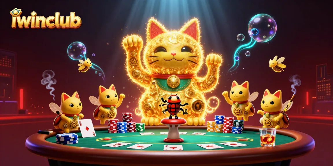 Play exciting games at iwinclub with a vibrant lucky cat background and golden fireflies.